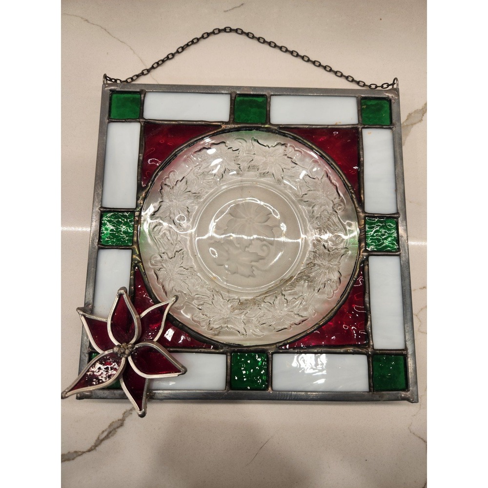 Stained Glass Christmas Pointsettia Square Hanging Window‎ Decor Upcycled Saucer